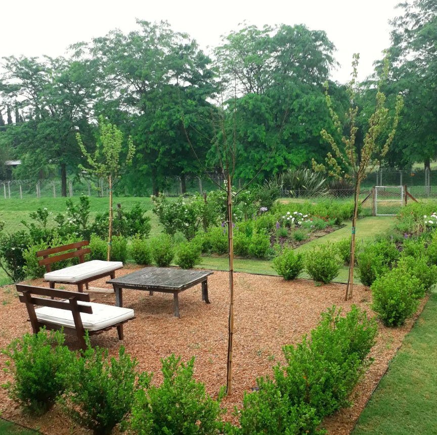 Jardín con bancos y área de estar